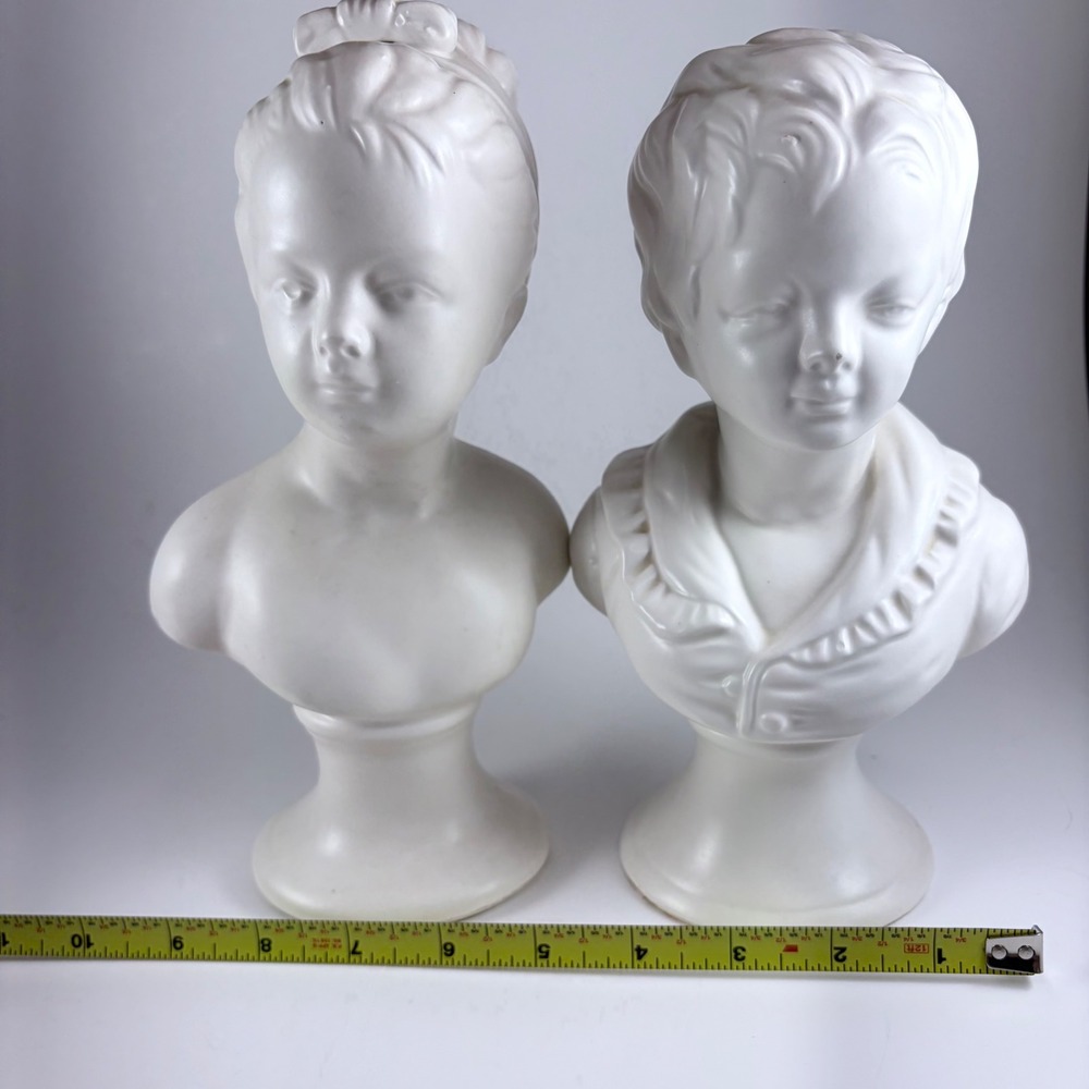 Vintage Napcoware White Porcelain Busts Boy Girl Set of 2 Bisque Japan 9 Inch